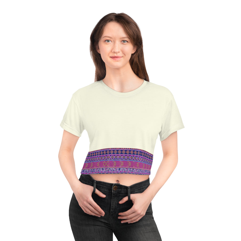 Boho Crop Tee — Purple Ethnic Border Summer Top