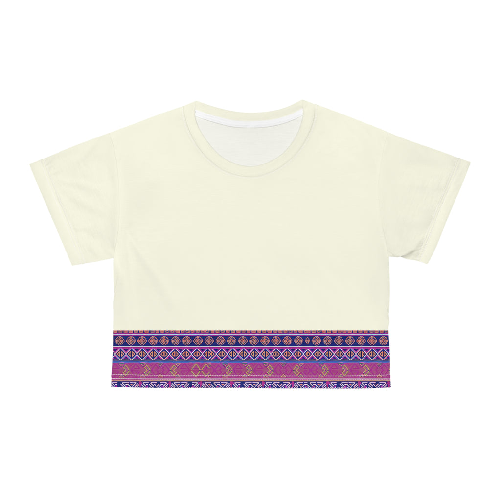 Boho Crop Tee — Purple Ethnic Border Summer Top