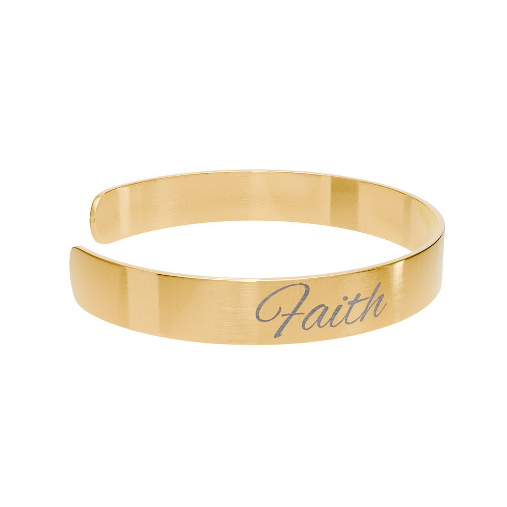 Engraved Gold Cuff Bracelet — "Faith, Hope" & "Love" Inspirational Bangle
