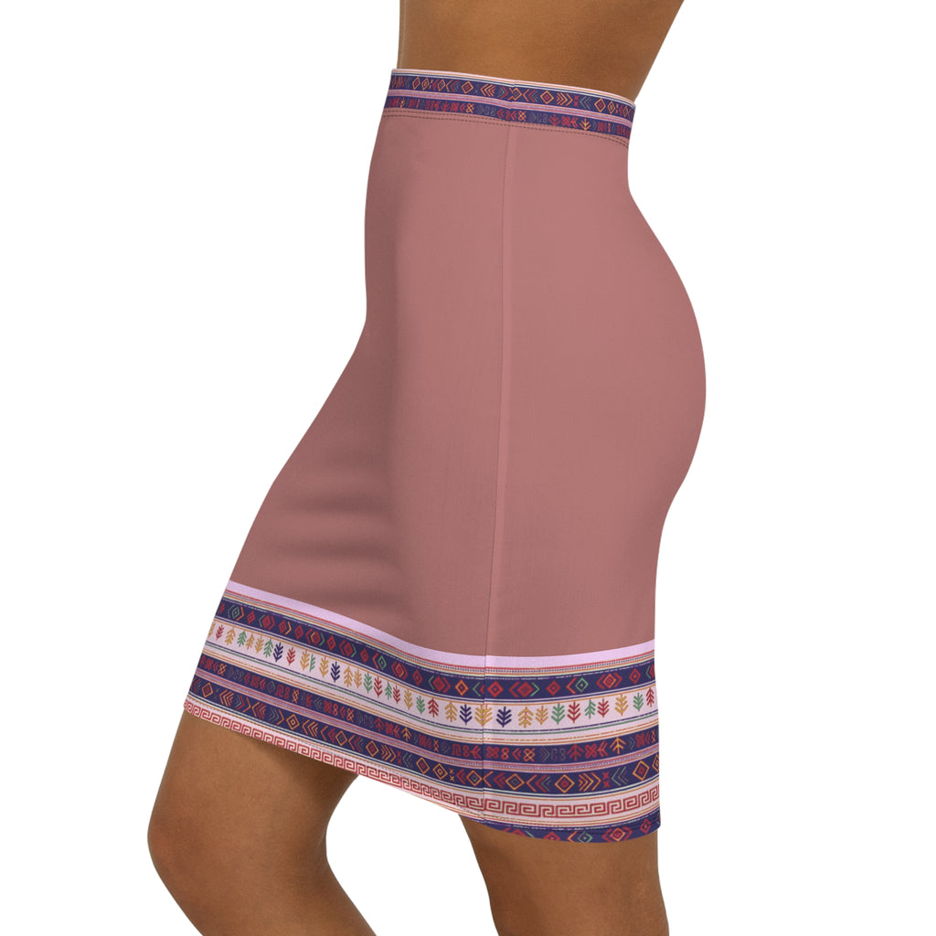 Mauve Pencil Skirt with Ethnic Hem Border — Boho Chic Mid‑Waist Skirt