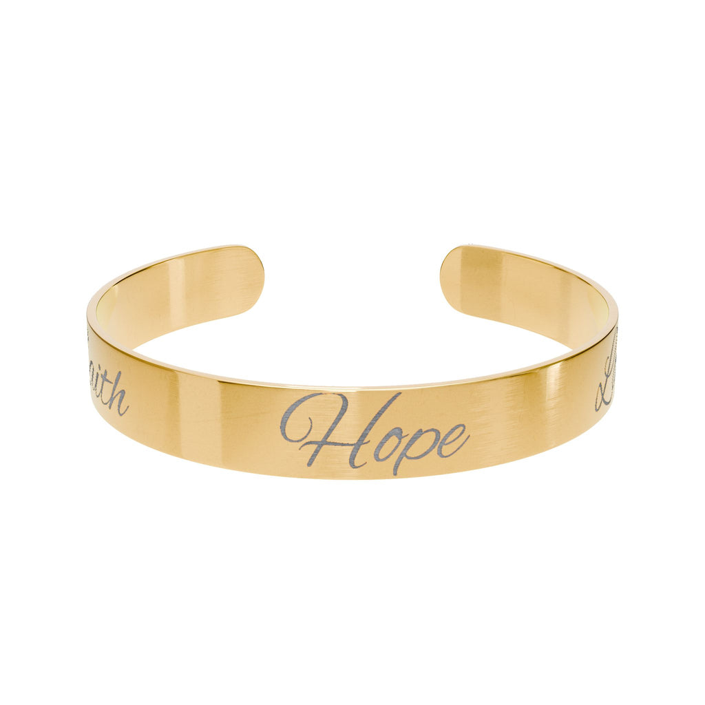 Engraved Gold Cuff Bracelet — "Faith, Hope" & "Love" Inspirational Bangle