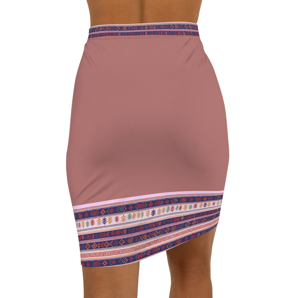 Mauve Pencil Skirt with Ethnic Hem Border — Boho Chic Mid‑Waist Skirt
