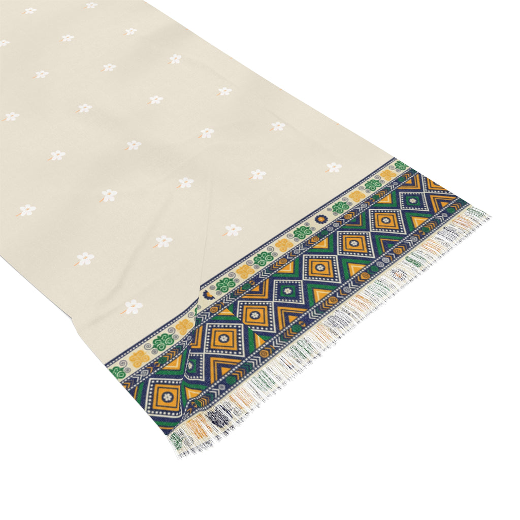 Geometric Border Scarf | Cream Boho Tribal Pattern, Lightweight Fringe