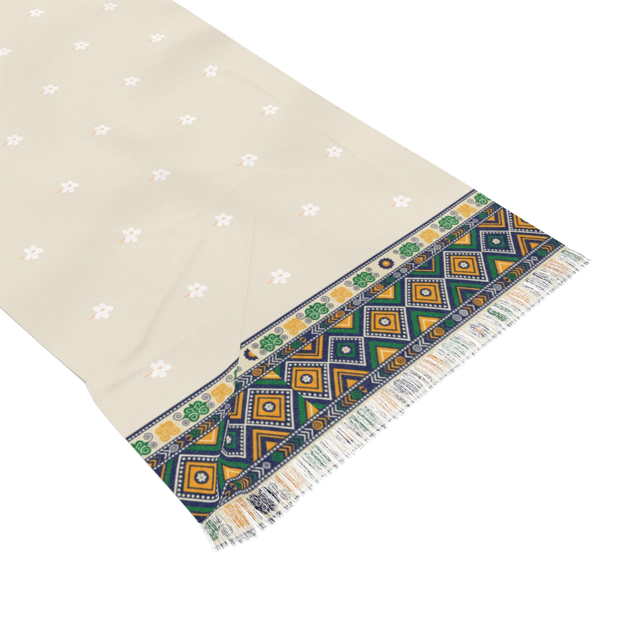 Geometric Border Scarf | Cream Boho Tribal Pattern, Lightweight Fringe