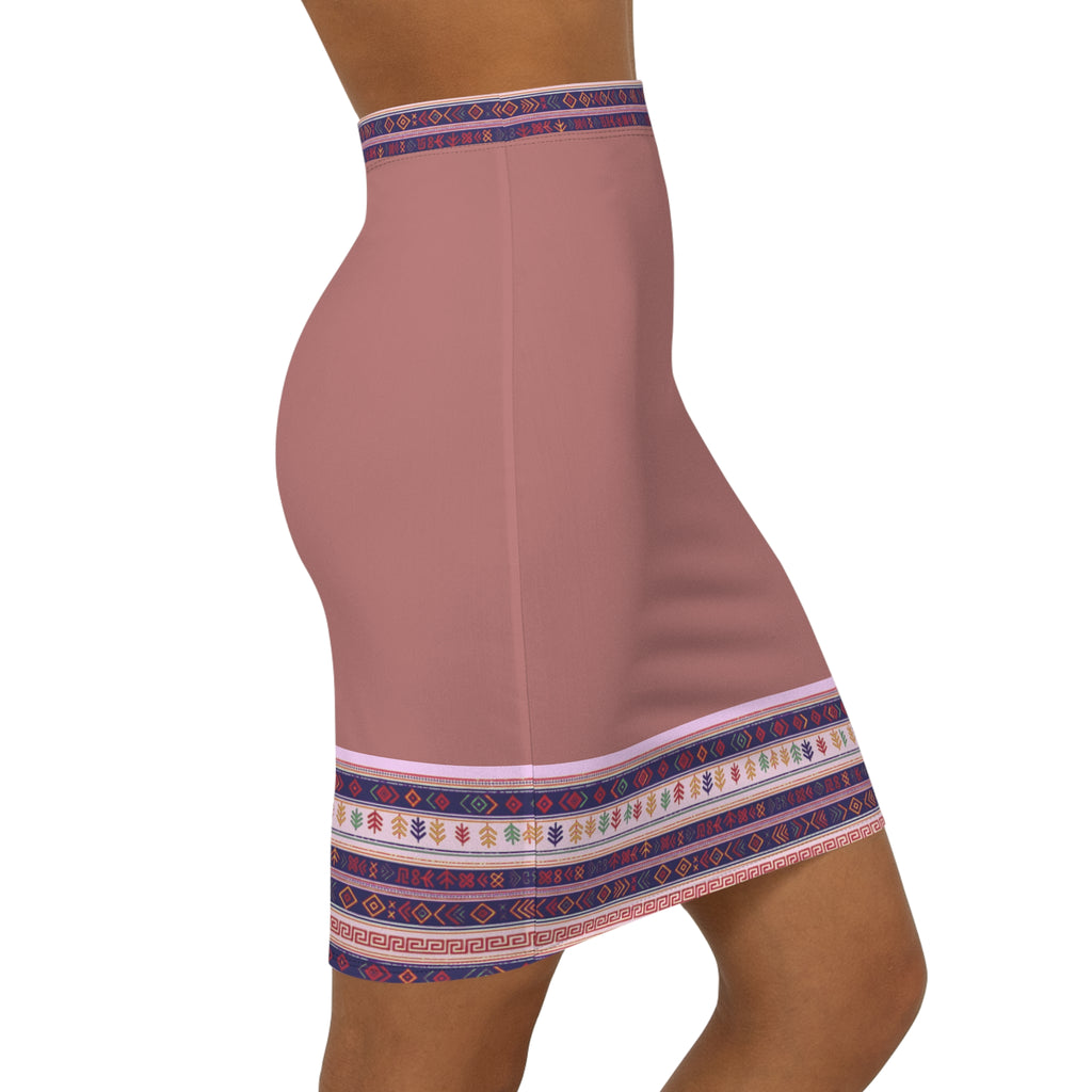 Mauve Pencil Skirt with Ethnic Hem Border — Boho Chic Mid‑Waist Skirt