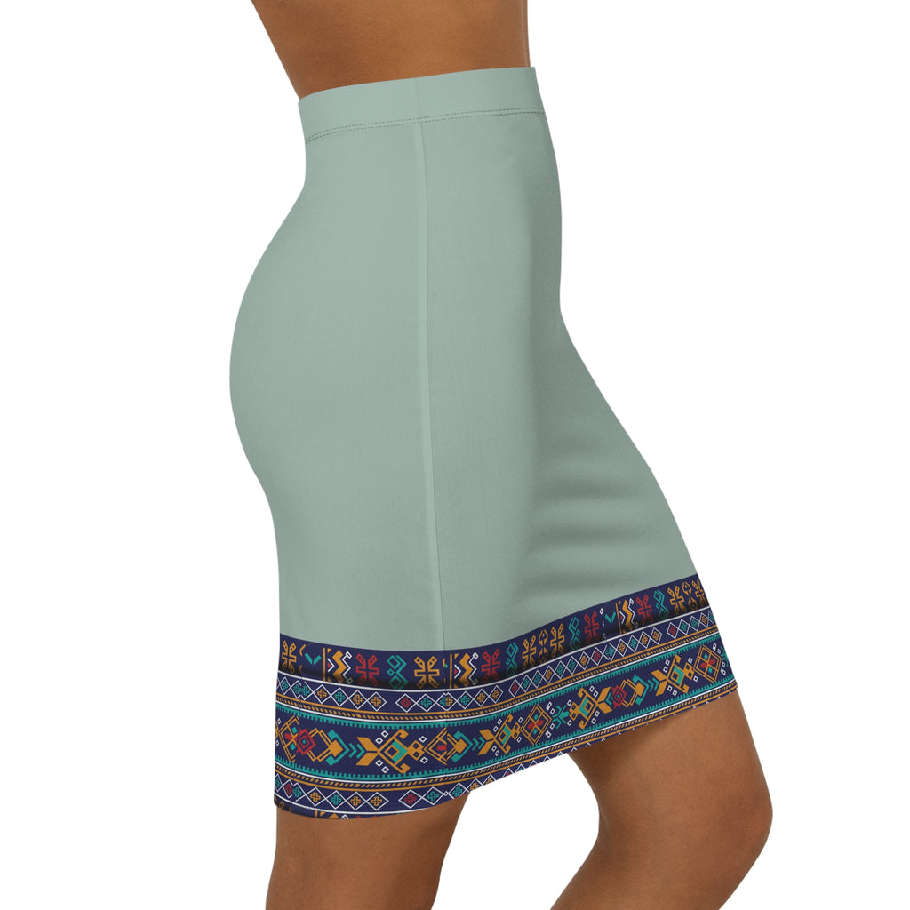 Pencil Skirt with Ethnic Hem Border — Boho Chic Mid‑Waist Skirt