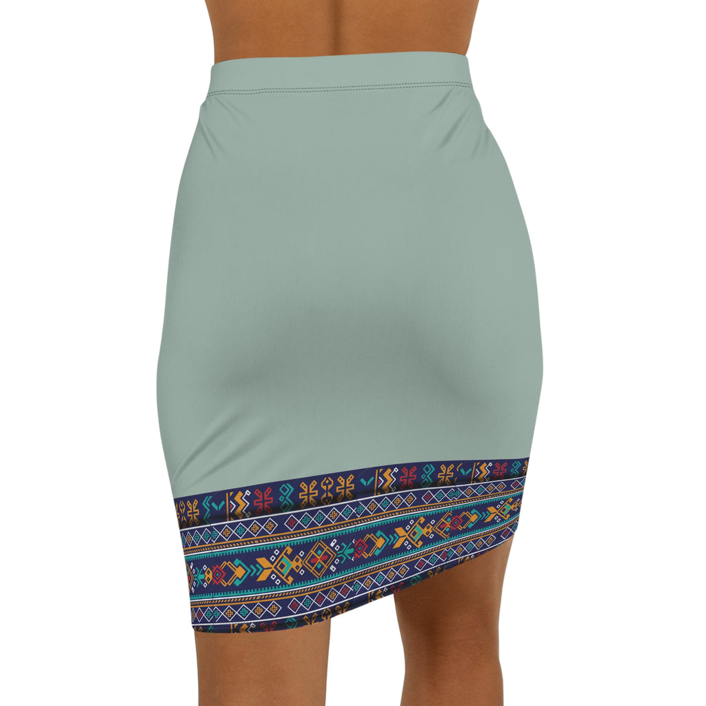 Pencil Skirt with Ethnic Hem Border — Boho Chic Mid‑Waist Skirt