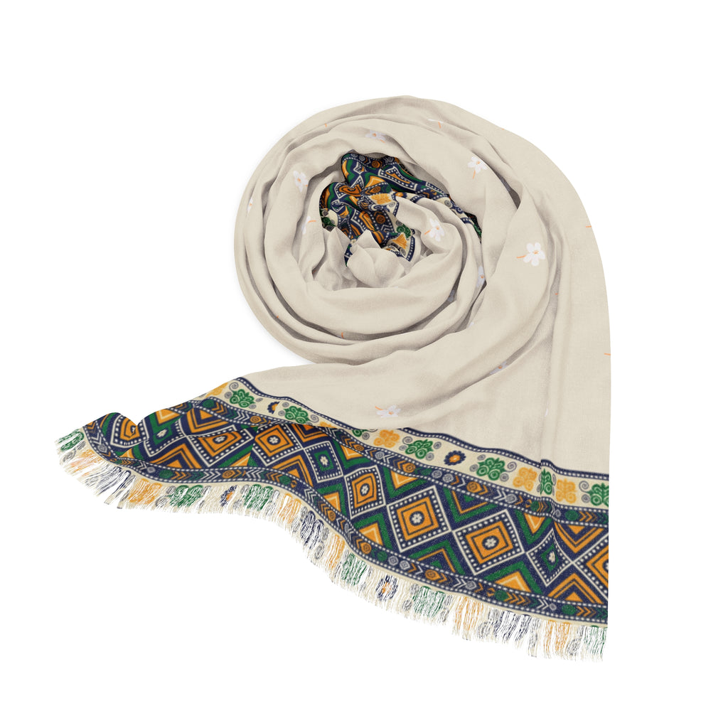 Geometric Border Scarf | Cream Boho Tribal Pattern, Lightweight Fringe