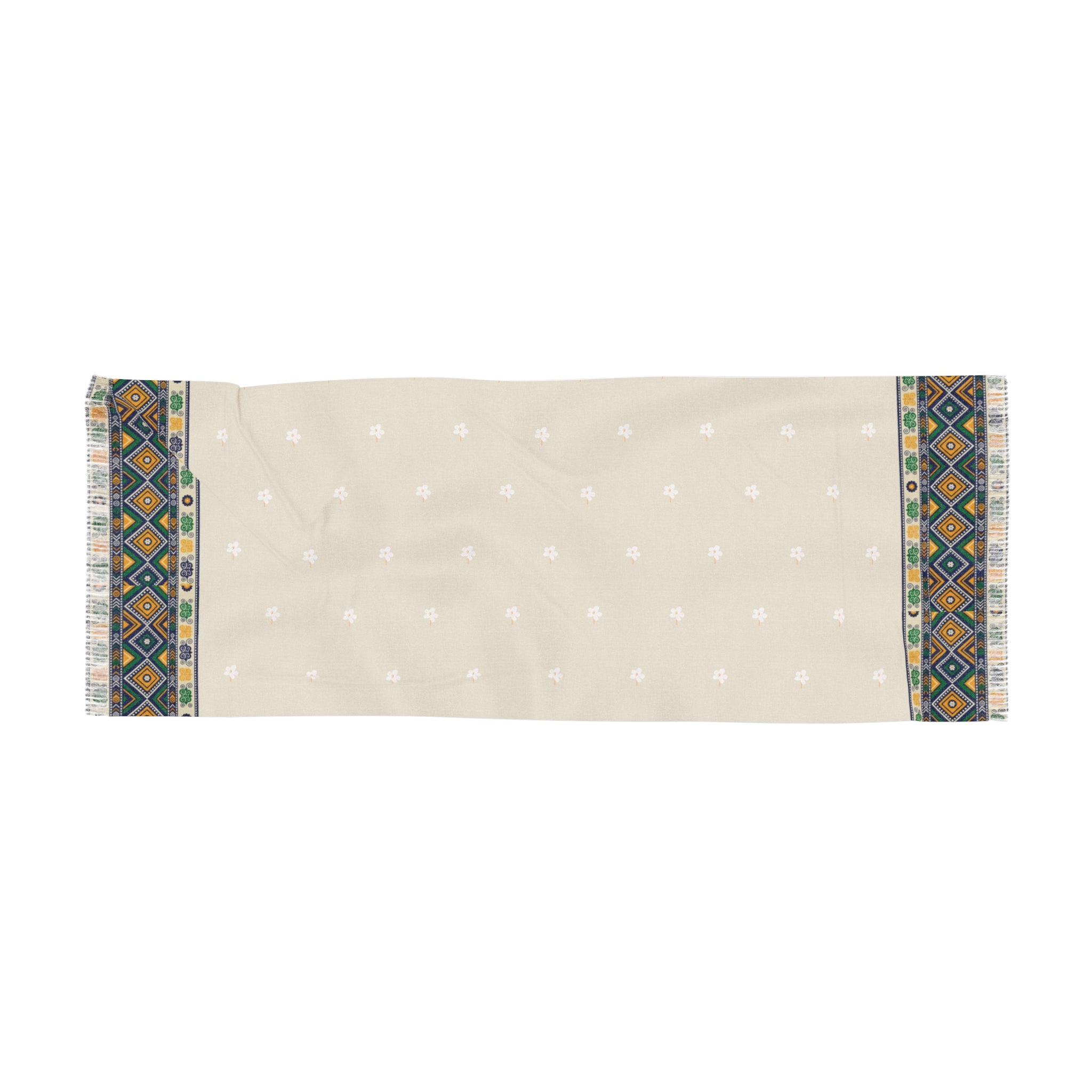 Geometric Border Scarf | Cream Boho Tribal Pattern, Lightweight Fringe