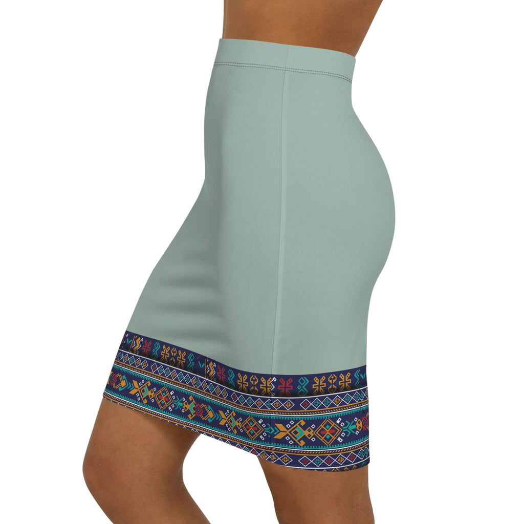 Pencil Skirt with Ethnic Hem Border — Boho Chic Mid‑Waist Skirt