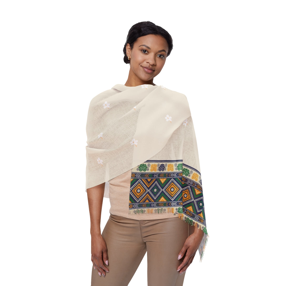 Geometric Border Scarf | Cream Boho Tribal Pattern, Lightweight Fringe