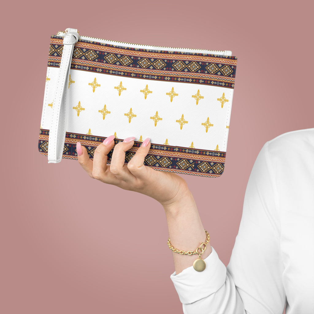 Gold Cross Pattern Clutch Bag — Boho Border Wristlet Purse